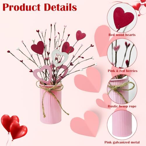 TORONTOKYO Valentines Day Decor, 6 Pack Valentine's Day Artificial Potted Plant Heart Shaped Valentines Day Picks with Berries Metal Pot for Home Office Table Centerpiece Decor - Image 3