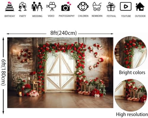 8x6ft Red Rose Brick Wall Wood Door Backdrop for Wedding Bridal Shower Party Decorations Mother’s Day Valentine's Day Engagement Backdrops Portrait Photo Booth Props - Image 2