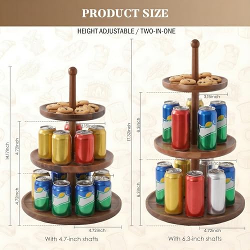 BURMAN Cupcake Stand Dessert Table Display Set – 2 in 1 Adjustable Height Rustic Natural Acacia Cupcake Holder Round Wood Tray – Three Tiered Serving Stand with Rotating Wheels, Anti Slip Stickers - Image 5