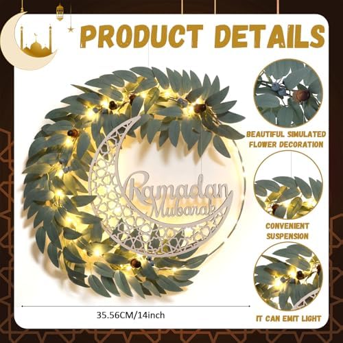 Cinnvoice Eid Ramadan Mubarak Wreaths Door Sign Artificial Leaves Ramadan Hanging Wreath Decoration for Front Door Eid Al Fitr Moon Wood Sign Wall Garland Hanger for Islamic Muslim Home Party Decor - Image 2