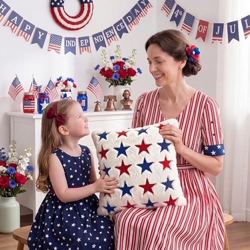 Tiamon 4 Pcs Patriotic 4th of July Throw Pillow Covers 18 x 18 Inch USA Flag American Plush 3D Embroidered Pillow Cases Red White Blue Stars Cushion Covers for Independence Day Decor Sofa Bed Home - Image 6