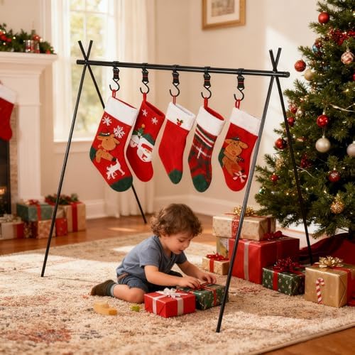Christmas Stocking Holder Stand with 10 Hooks, Foldable FreeStanding Stocking Hangers Rack for Floor, Home, Living Room Holiday Decor - Quick Assembly Aluminium Matte Black - Image 4