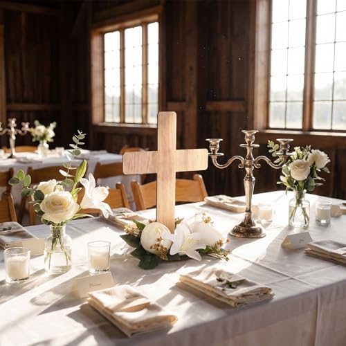 12 Sets Baptism Centerpieces Table Decorations First Communion Wooden Cross Ornament Set with Lily Candle Ring Wreath Purple Ribbon with Stands for Baptism Baby Shower Wedding (Wood) - Image 5