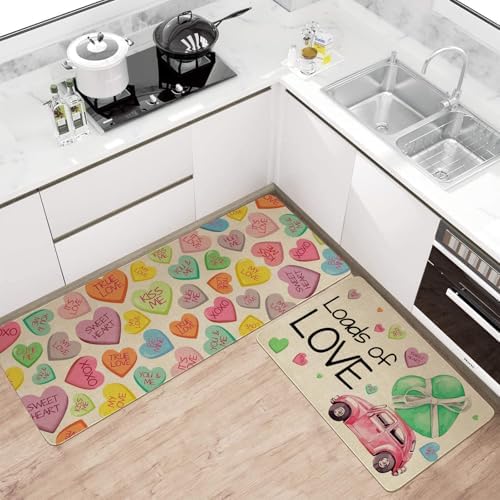 Valentines Day Kitchen Mat Set 2 Piece,Truck Colorful Hearts Kisses Hugs True Love Decorative Kitchen Rugs,Valentine's Day Low-Profile Kitchen Mats for Home Kitchen Decor 17"x48"+17"x30" - Image 2