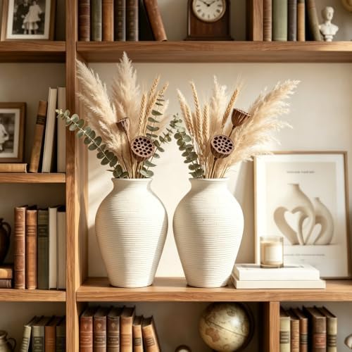 Ceramic Vase Set of 2 Embossed Rustic Farmhouse Home Decor - Image 3