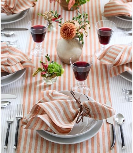 Solino Home 100% Linen Table Runner, 14 x 90 in, Pumpkin and Natural Stripe - Image 3