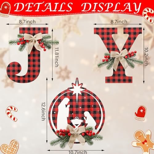 Soaoo 1 Set of 3 Pcs Christmas Joy Sign Buffalo Plaid Christmas Wreaths Rustic Burlap Wooden Hanging Front Door Decorations for Xmas Home Outdoor Window Indoor Porch Holiday Wall Decor Party Supplies - Image 2
