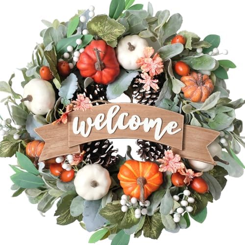 22 Inch Fall Pumpkin Wreath for Front Door with Welcome Wood Sign, White Orange Pumpkin Pinecone Acorn Wreath for Indoor and Outdoor, Autumn Door Decor by Egolot