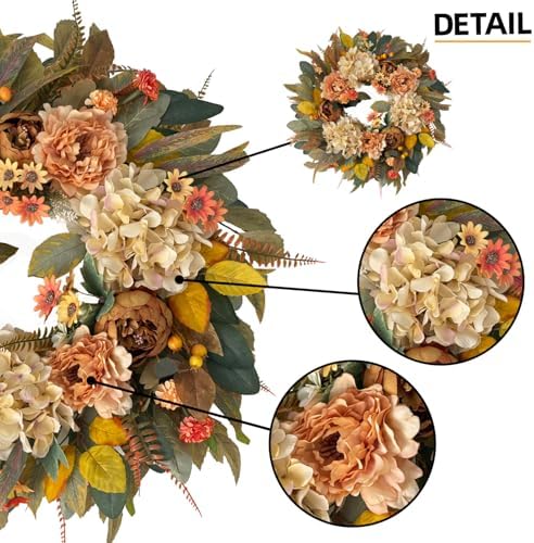 HipTree 24 Inch Fall Hydrangea Peony Wreath for Front Door - Image 2