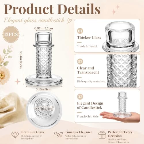 Mumufy 12 Pcs Glass Crystal Taper Candle Holders, 4 Inch Clear Glass Candlestick Holder Fit 0.8 Inch Candles, Crystal Decorative Candle Stand Centerpiece for Wedding, Dining Room, Party(Diamonds) - Image 2