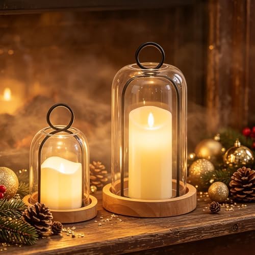 Set of 2 Versatile Black Metal Candle Holder with Handmade Sturdy Glass Dome And Natural Wooden Base for Pillar Candle & Plants, Industrial, Farmhouse, Shabby Chic, Decorative Display Cloche Bell Jars - Image 3