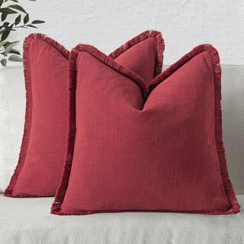 MIULEE Linen Fringe Decorative Euro Throw Pillow Covers Burgundy 22x22 by MIULEE