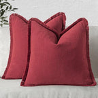 MIULEE Boho Linen Fringe Decorative Throw Pillow Covers Burgundy 18x18 by MIULEE