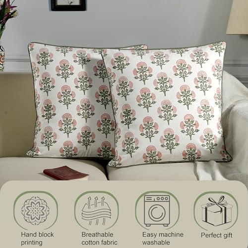Ridhi Block Print Mughal Buta Peach Pillow Cover 18" x 18" (Pack of 2) Decorative Couch Pillows for Living Room, Farmhouse Chic Boho Cute Outdoor Pillows Covers Gifts for Spring, Mother's Day - Image 6