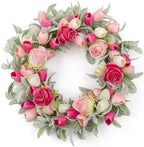 Yawwind 20 Inches Summer Wreath for Front Door Farmhouse Summer Door Wreaths Elegant Spring Floral Wreath with Tulips Rose Flocked Lambs Ear for Wall Window Porch Indoor Decor by Yawwind