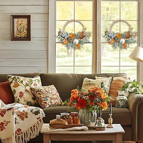 2PCS 16 inch Wood Beads Wreath,Fall Wreaths for Front Door,Eucalyptus Berries Pumpkins Lamb Ears Leaves Autumn Wreaths for Front Door, Fall Decor, Porch Wall, Home Outdoor Holiday Decor - Image 6
