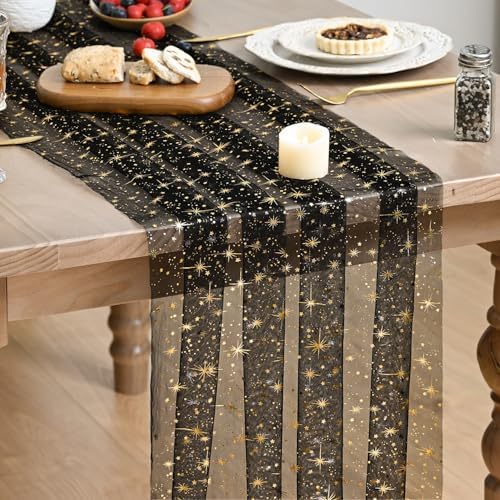 Artoid Mode 10PC Gold Stars Black Gauze Table Runner 120 Inch 10FT, Reversible Glitter Sheer Dining Wedding Holiday Birthday Table Decor for Home Party by ArtoidMode