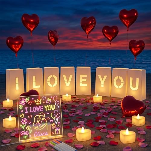 I Love You Romantic Decorations Special Night - Luminary Bags with LED Message Board & Stand, 5 Pens, 30 Heart Tea Lights, 10 Balloons and 2000 Rose Petals, Proposal Anniversary Valentines Day Decor by KINGUMP
