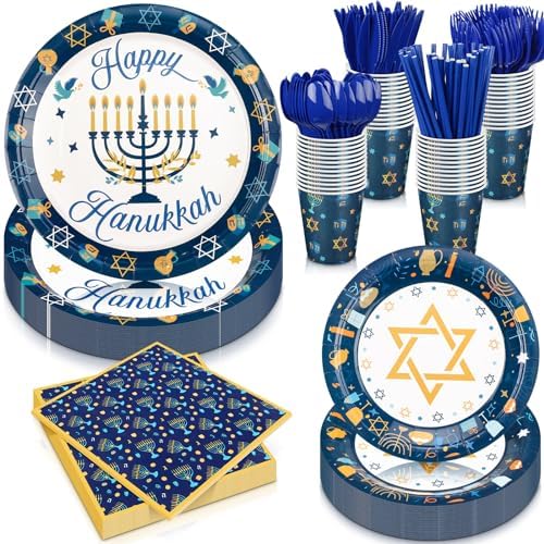 Hushee 400 Pcs Hanukkah Party Supplies Star Menorah Dreidel Tableware Set by Hushee