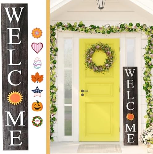 Extra Large 5FT Premium Wooden Interchangeable Welcome Sign for Front Door Porch Sign - 5 ft (58 x 11 Inch) 8 Magnetic Seasonal Tiles, Fall Porch Signs, Holidays and Seasons, Weather Resistance Standing welcome sign Outdoor and Indoor (Gray) by Alben