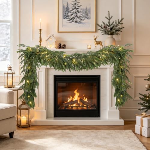 6FT Soft Touch Artificial Norfolk Pine Christmas Garland with Timer Lights - Image 5