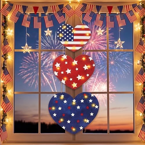 Barydat 3 Pcs 4th of July Decorations Patriotic Lighted Wooden Sign Red White Blue Heart Glitter Hanging Wreaths Plaque with LED Light for 250th Anniversary Independence Day Front Door Porch - Image 6