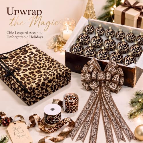 Sosation 29 Pcs Wild Glam Christmas Tree Decor Set, Including 24 Leopard Christmas Balls, 1 Leopard Print Tree Skirt, 1 Wild Bow Topper, 3 Ribbon Rolls for Farmhouse Party - Image 6