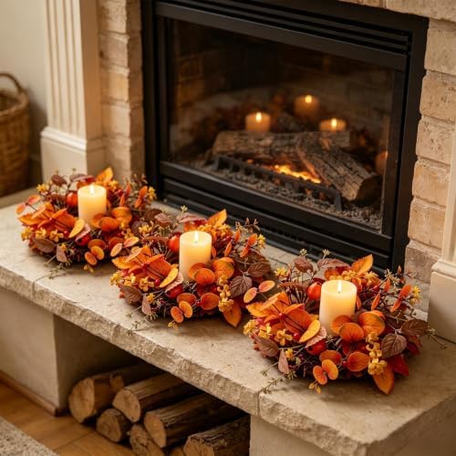 6 PCS Fall Candle Ring Wreaths Artificial Autumn Eucalyptus Candle Wreath with Leaves Berries Flowers Thanksgiving Farmhouse Harvest Wreath Candle Holder for Pillar Candles Table Centerpiece Decor - Image 6