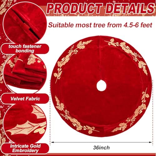 36 Inch Christmas Tree Skirt Velvet Xmas Tree Skirt with Gold Embroidery Holly Leaf Decorations for Christmas Party Favors Holiday New Year Decor(Red) - Image 2