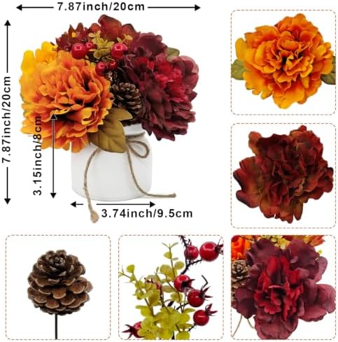 Fall Centerpieces for Tables, Fake Fall Flowers in Vase Orange Fake Peonies for Home Kitchen Fall Floral Arrangement Farmhouse Fall Harvest Thanksgiving Dinner Autumn Decor（Fall Orange Red） - Image 3