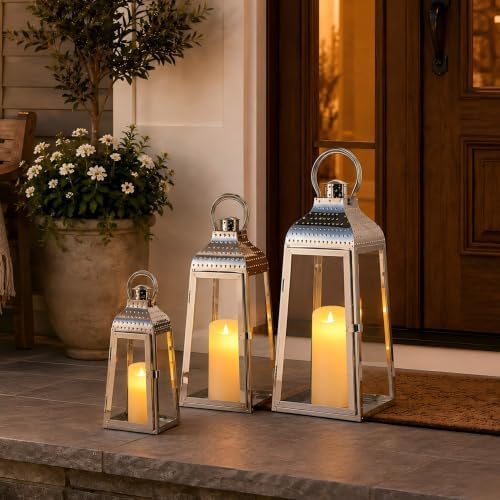 TRIROCKS Set of 3 Stainless Steel Candle Lanterns 20.5''&16''&12''H Decorative Candle Holders with Tempered Glass for Indoor Outdoor Porch Parities and Wedding(Silver) - Image 6