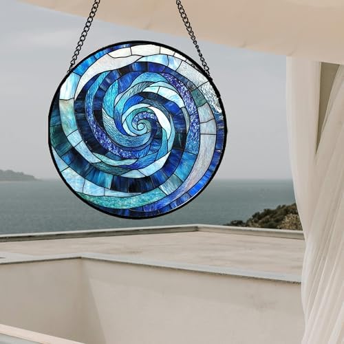 Blue Ocean Wave Stained Glass Window Hanging Suncatcher Gift for Women 15" - Image 5
