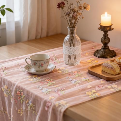 BINBE 12pcs Pink Florals Table Runner Embroidery Gauze 10FT Daisy Seasonal Tulle Birthday Wedding Holiday Kitchen Dining Table Decor for Home Party - Image 6