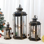 JHY DESIGN Set of 3 Decorative Candle Lanterns 20''&14"&10" H Outdoor Candle Lanterns Vintage Metal Cand leholder for Indoor Outdoor, Events, Parities and Weddings(Black with Gold Brush) - Image 5