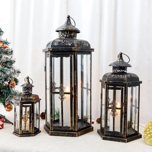 JHY DESIGN Set of 3 Decorative Candle Lanterns 20''&14"&10" H Outdoor Candle Lanterns Vintage Metal Cand leholder for Indoor Outdoor, Events, Parities and Weddings(Black with Gold Brush) - Image 5