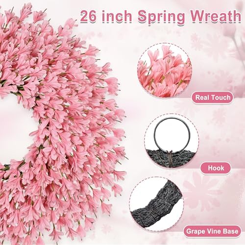 26 Inch Spring Wreaths for Front Door Large Easter Valentines Forsythia Floral Summer Spring Door Wreaths Outdoor All Season Spring Decorations for Home Porch Room Window Wall Farmhouse Decor (Pink-R) - Image 3
