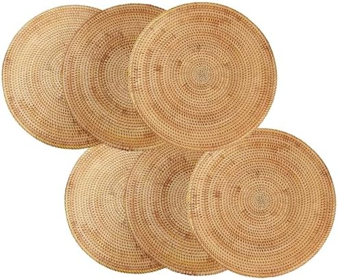 i-lan Set of 6 Round Rattan Placemats 12 Inch - Handmade Woven Wicker Table Mats, Heat Resistant Trivets for Hot Dishes, Decorative Boho Farmhouse Charger Plates for Kitchen Dining Table & Party by ilan