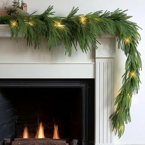 TW SHINE 9FT Pre-Lit Christmas Garland with Lights, 50 LED Lighted Artificial Norfolk Pine Garlands, Christmas Decorations for Indoor Outdoor Mantle Stairs Fireplace Decor, Warm White - Image 5