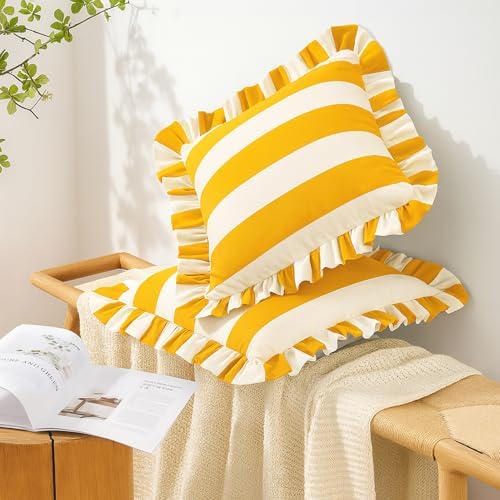 MONDAY MOOSE Decorative Throw Pillow Covers, Set of 2 Water-Resistant Striped Design with Ruffle Edge for Outdoor/Indoor Use, Pillow Inserts Not Included (18x18 inch, Golden Yellow/White) - Image 2