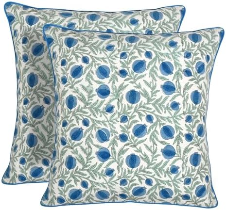 Ridhi Block Print Queen Blue Pillow Cover 24" x 24" (Pack of 2) Decorative Couch Pillows for Living Room, Farmhouse Chic Boho Cute Outdoor Pillows Covers Gifts for Spring, Mother's Day by Ridhi