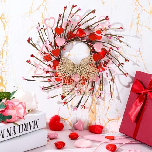 6 Pcs Valentines Day Wreaths Kitchen Cabinet Decor Farmhouse Artificial Red Pink Heart Berries Mini Valentine's Day Windows Wreaths for Front Door Porch Wall Decor - Image 2