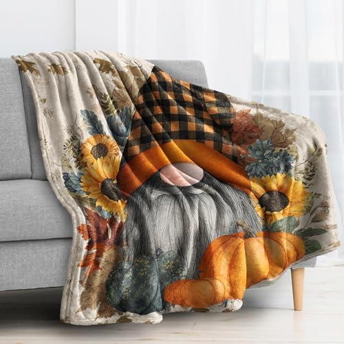Gnome Blanket, Fall Sunflower Pumpkin Fleece Throw Blanket Queen Size for Couch Bed Sofa, Autumn Harvest Blankets and Throws, Decor & Gifts, Super Soft Plush Flannel Blanket, 90x90 - Image 2
