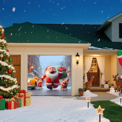 Christmas Garage Door Banner – Santa Claus, Little Girl & Cute Dog Carrying, Large Outdoor Holiday Mural for Garage, Yard & Porch Decor,8 x 7ft/2.4 x 2.1m - Image 5