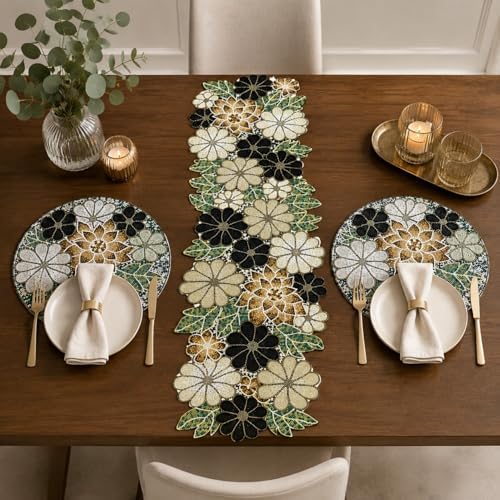 Beaded Table Runner Decore 36 inches Long Christmas Flower Design Beaded Table Runners for Halloween, Christmas, Easter Coffee Tropical ,Combo Pack of Runner and 2 Pack Placemats Grey Multi - Image 4