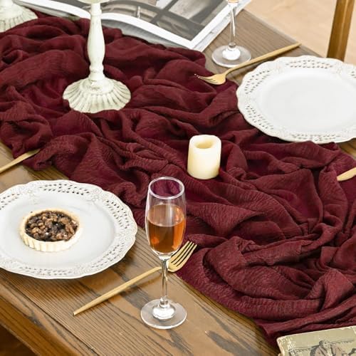 Artoid Mode 6PC Boho Cheesecloth Gauze Burgundy Wedding Table Runner, 120 Inch Seasonal Fabric Kitchen Dining Holiday Table Decor for Home Party Indoor - Image 2