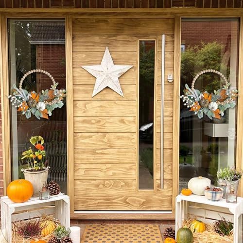 2PCS 16 inch Wood Beads Wreath,Fall Wreaths for Front Door,Eucalyptus Berries Pumpkins Lamb Ears Leaves Autumn Wreaths for Front Door, Fall Decor, Porch Wall, Home Outdoor Holiday Decor - Image 5