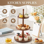 BURMAN Cupcake Stand Dessert Table Display Set – 2 in 1 Adjustable Height Rustic Natural Acacia Cupcake Holder Round Wood Tray – Three Tiered Serving Stand with Rotating Wheels, Anti Slip Stickers - Image 3
