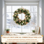 Hykolity 32 Inch Pre-Lit Botanical Christmas Wreath, Battery Operated Lighted Wreath with 60 Warm White LEDs, Timer, Gold Silver Ornaments, Pinecones and Decorative Leaves for Front Door - Image 2