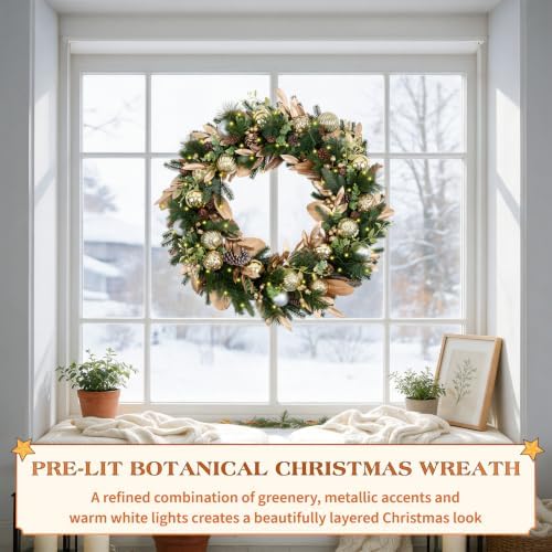Hykolity 32 Inch Pre-Lit Botanical Christmas Wreath, Battery Operated Lighted Wreath with 60 Warm White LEDs, Timer, Gold Silver Ornaments, Pinecones and Decorative Leaves for Front Door - Image 2