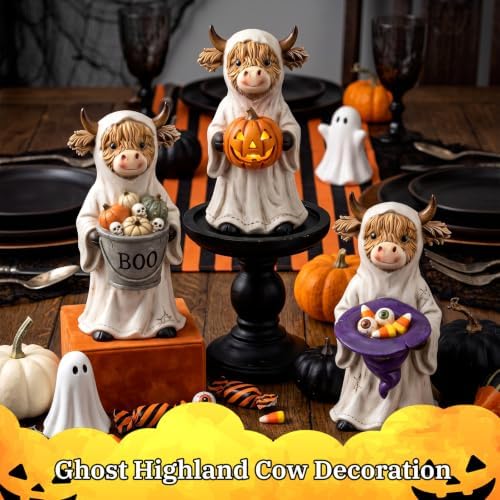3 Pcs Halloween Highland Cow Figurines, Ghost with Pumpkin Decor - Image 2